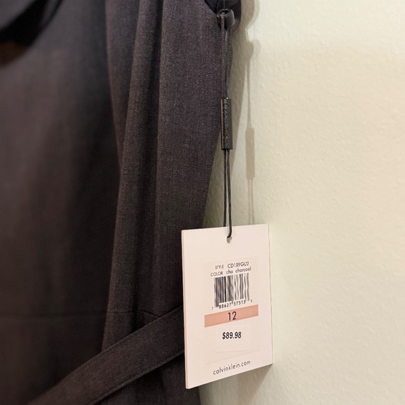 CALVIN KLEIN GRAY WOVEN CAP SLEEVE BELTED DRESS SIZE 12 w/ ORIGINAL TAGS - Picture 7 of 14